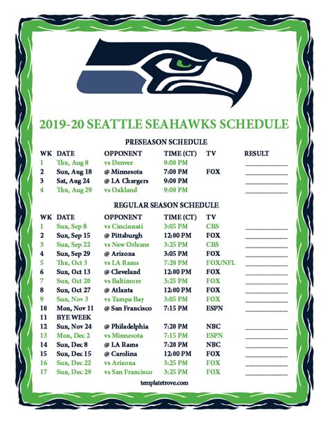 Seattle Seahawks Schedule 2019 Printable